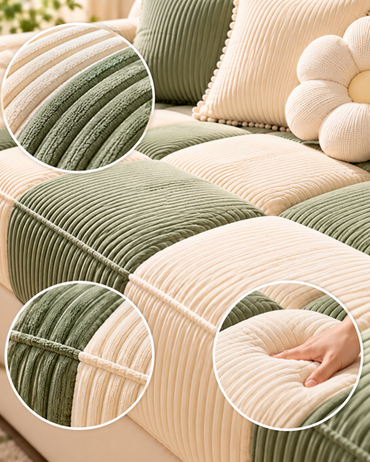 Green and Cream Colorblock Sofa Cushion Detail