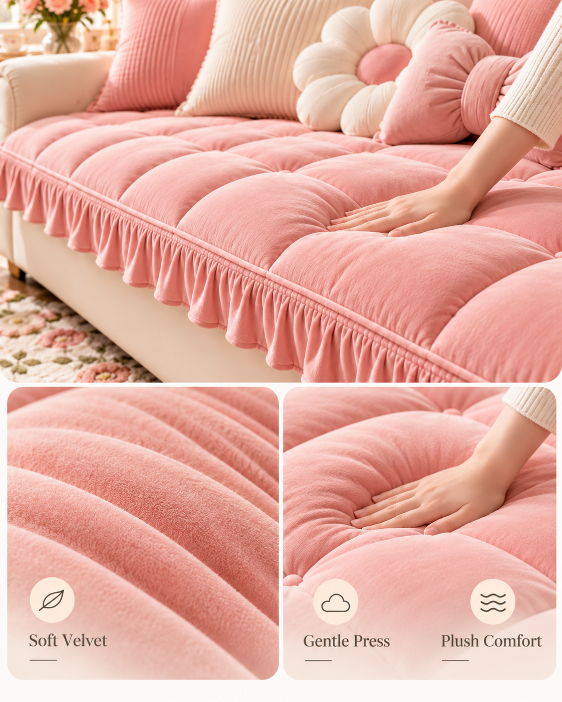 Pink Velvet Ruffle Sofa Cushion