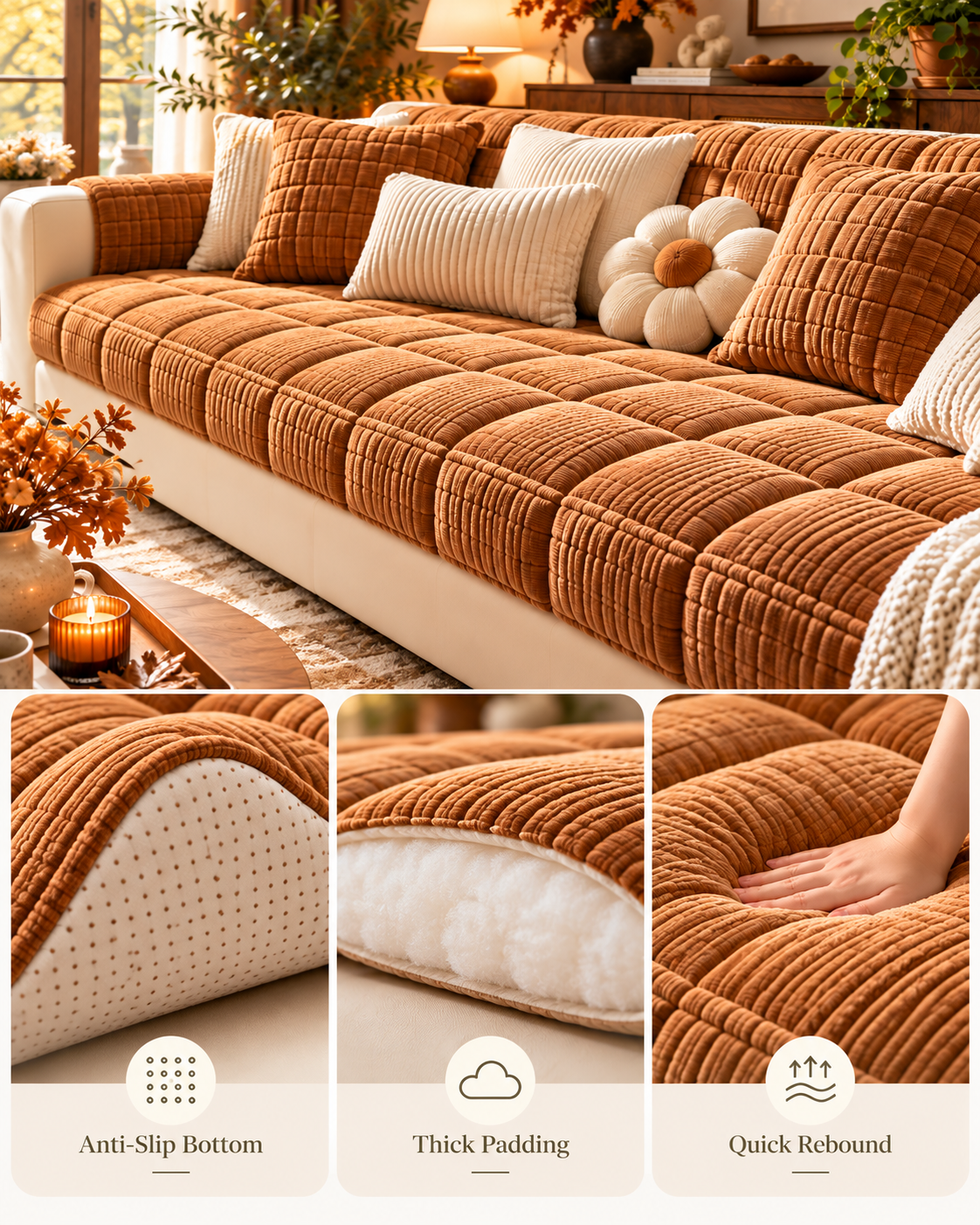 Caramel Quilted Sofa Cushion Detail