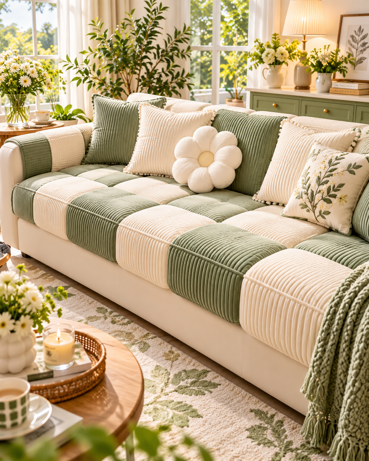 Green and Cream Colorblock Sofa Cushion