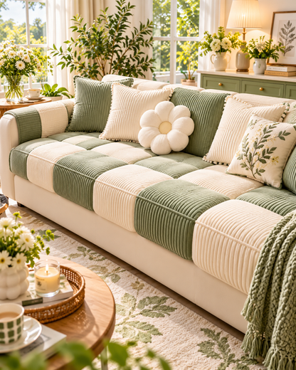 Green and Cream Colorblock Sofa Cushion