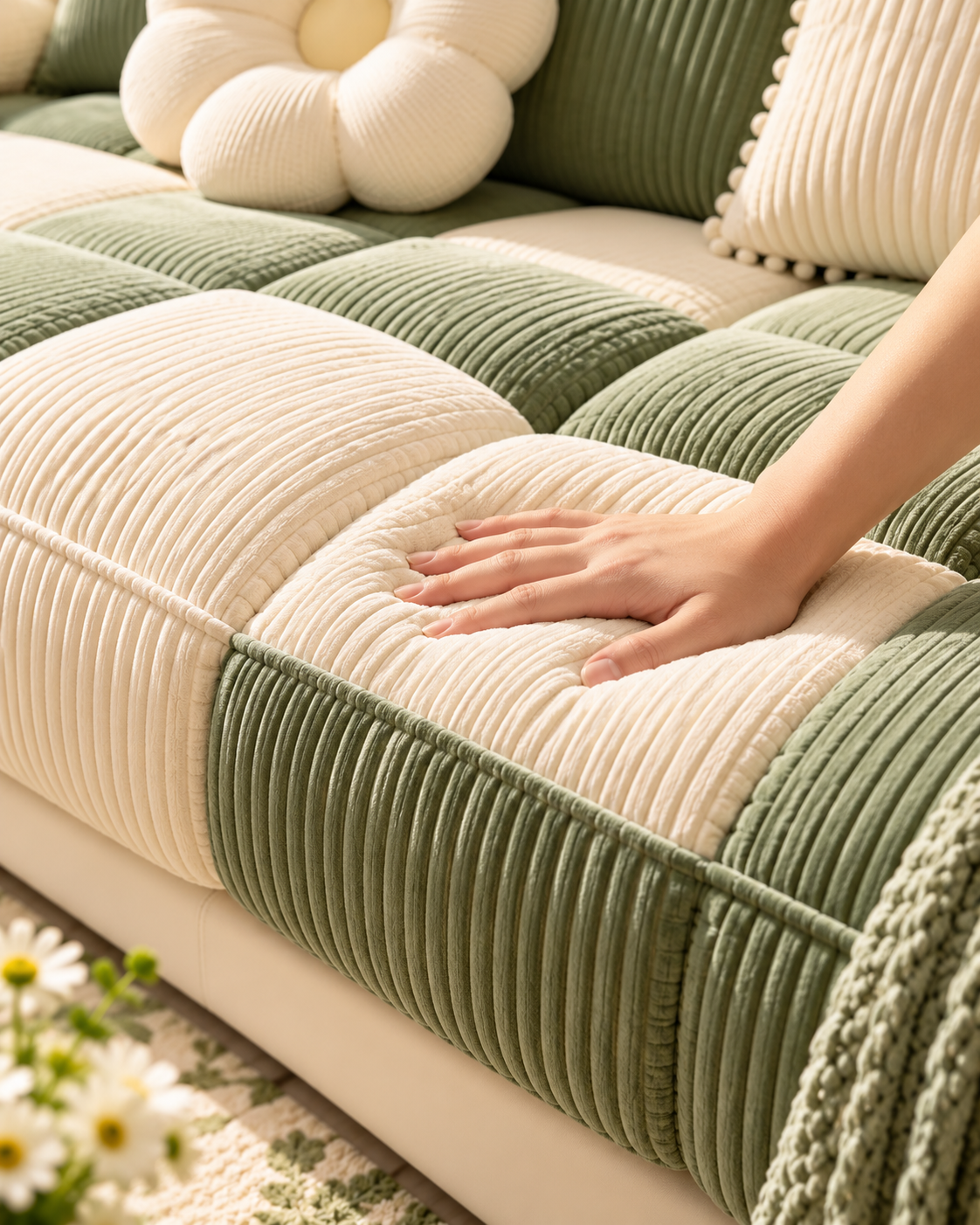 Green and Cream Colorblock Sofa Cushion Detail