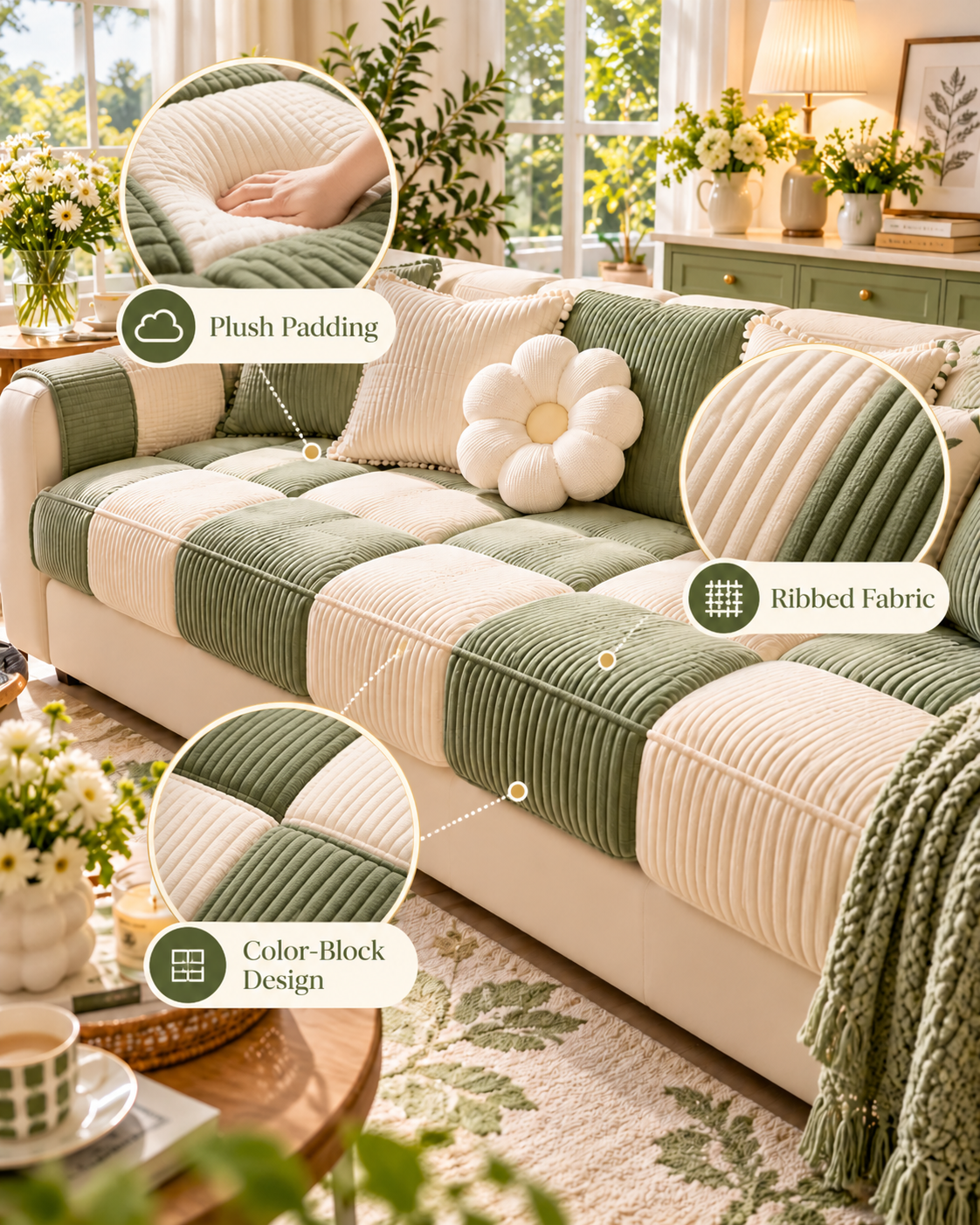 Green and Cream Colorblock Sofa Cushion Detail