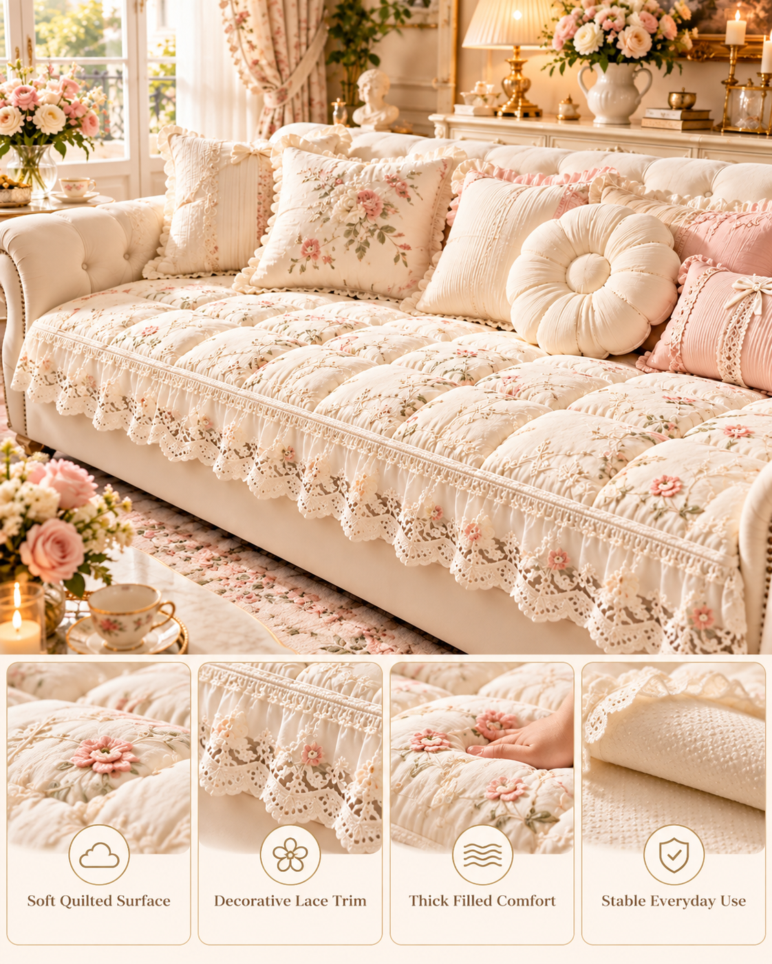 French Lace Floral Sofa Cushion Detail