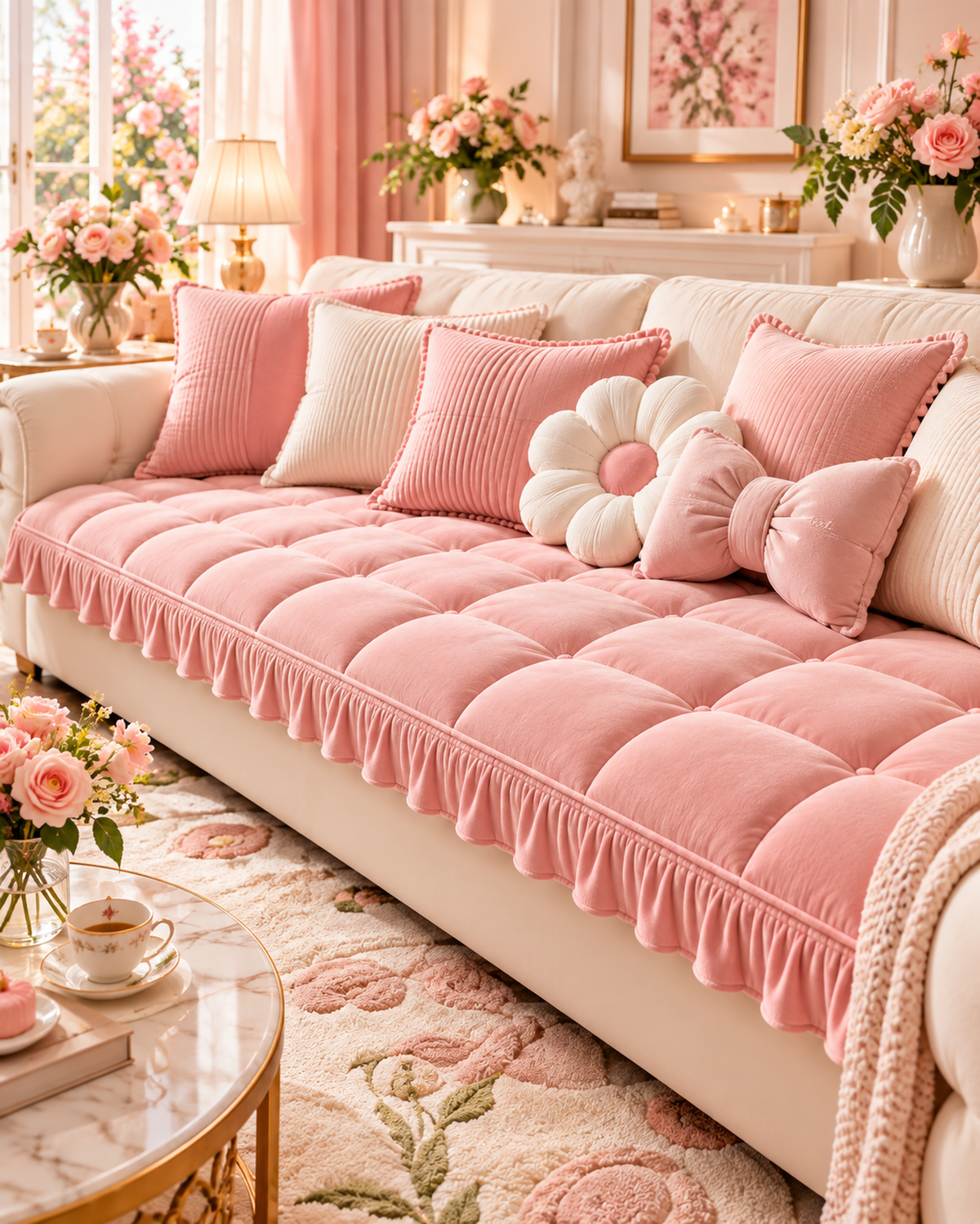 Pink Velvet Ruffle Sofa Cushion