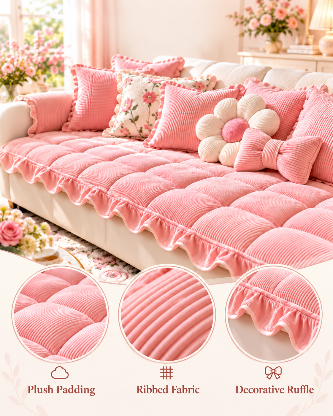 Pink Ruffle Sofa Cushion Detail