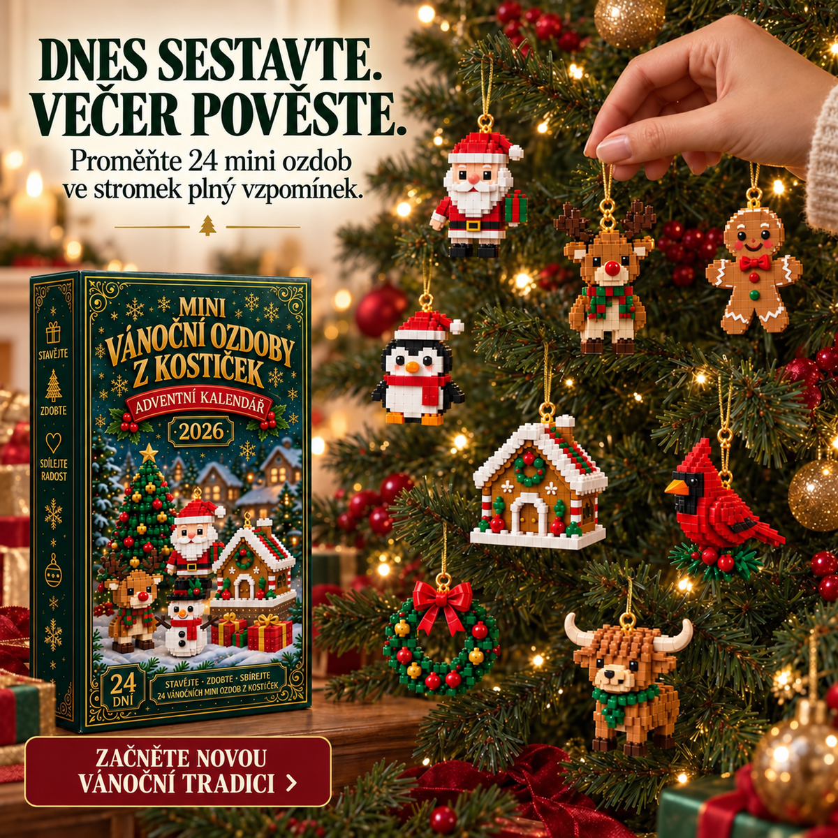 Adventní kalendář s 24 vánočními mini ozdobami z kostiček