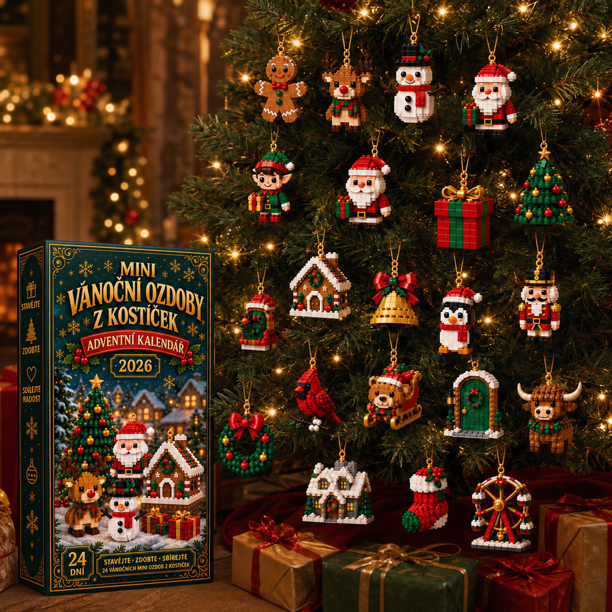 Adventní kalendář s 24 vánočními mini ozdobami z kostiček