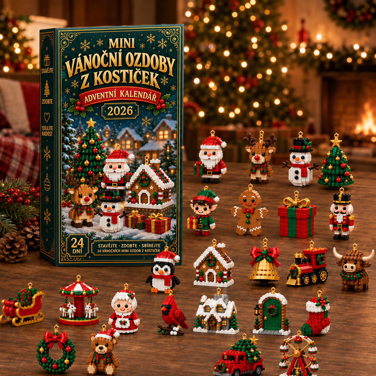 Adventní kalendář s 24 vánočními mini ozdobami z kostiček